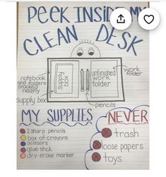 a notebook with writing on it that says, peek inside my clean desk