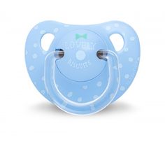 a blue pacifier with white polka dots on it