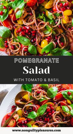 a salad with tomatoes, onions and spinach is shown on a white platter