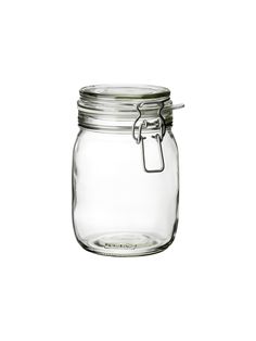 a glass jar with a metal clip on the lid