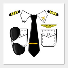 a tie, boxing gloves and pilot's hat are on the white paper with yellow pins