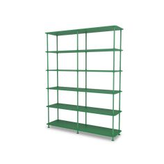 a green shelving unit with four shelves on each side and one shelf in the middle