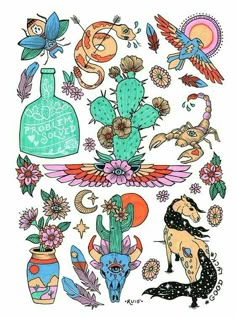 an assortment of tattoos with cactus, flowers and other things in them on a white background