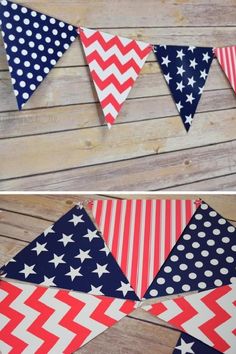 red, white and blue bunting flags with polka dots on them