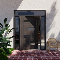 an empty chair sitting in front of a door on the side of a building next to a potted plant