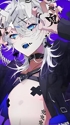 an anime character with white hair and blue eyes, wearing black clothes in front of purple background