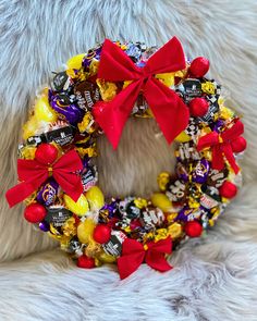 a wreath made out of candy and candies