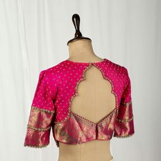 Blouse Back Neck Designs Pattu Sarees, Pink Traditional Blouse Design, Pink Designer Blouse With Self Design, Simple Blouse Embroidery Designs, Silk Blouse Piece With Traditional Patterns In Pink, Pink Silk Blouse Piece With Traditional Patterns, Paithani Blouse Back Neck Designs, Border Blouse Designs Latest, Traditional Red Blouse With Motifs