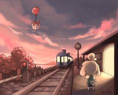 a cartoon character is walking on the train tracks near a platform with a balloon flying above