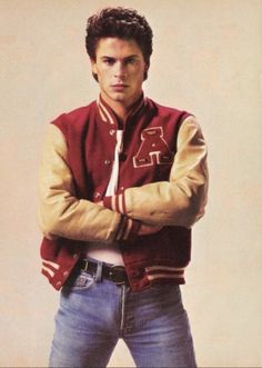 Letterman Jacket Outfit, 80s Guys, 80’s Men, Look 80s, Varsity Jacket Outfit, 80s Men, Rob Lowe, 80s Jacket