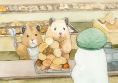 two hamsters are sitting on the counter with bread in front of them and one hamster is holding a stuffed animal