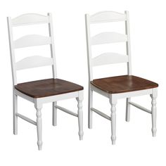 two white and brown chairs sitting next to each other