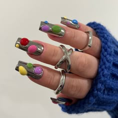 Clear Extension Nails, Mid Century Nail Art, Chrome Blob Nails, Mid Century Nails, 60s Inspired Nails, M&m Nails, Mismatched Nails Color Schemes, Short Maximalist Nails, Artsy Nails Designs