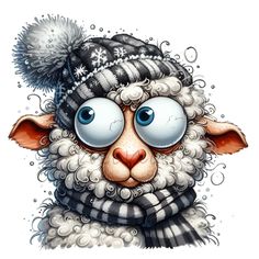 a cartoon sheep wearing a hat and scarf