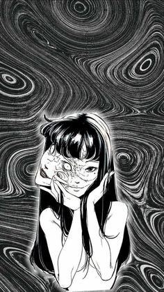 a girl holding her head in front of her face with an abstract background behind her