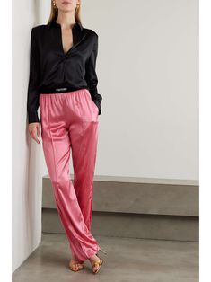 Silk Trousers For Loungewear, Pink Satin Pants Outfit, Pink Satin Pants, Satin Pants Outfit, Tom Ford Clothing, Satin Pants, Wide Legs, Shearling Jacket, Dress And Heels