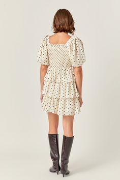 This versatile little number can be dressed up or down to suit any occasion! The polka dot print and puff sleeves add a touch of fun, while the mini length makes it perfect for showing off your favorite pair of heels. Shell: 100% Polyester Lining: 100% Polyester HN332D Total length: 32.50" Bust: 32.50" S CREAM: Height 5'9" / Bust 32" / Waist 24" / Hip 34" Preppy Fall Dresses, Tiered Mini Dress, Casual Party Dresses, English Factory, Maxi Dress Sale, Pink Maxi, Fashion Night, Parisian Chic, Pink Maxi Dress