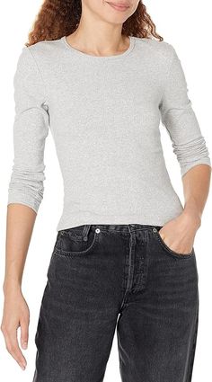 Amazon.com: Amazon Essentials Women's Slim-Fit Layering Long Sleeve Knit Rib Crew Neck (Available in Plus Size), Pack of 2, Grey Heather/White, Small : Clothing, Shoes & Jewelry Layering Long Sleeve, Heather White, Long Sleeve Knit, Shoes Jewelry, Layering, Shoe Jewelry, Slim Fit