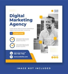 a blue and yellow flyer for a digital marketing company with squares in the middle, on a