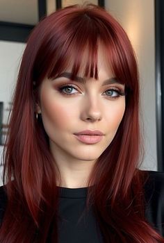 Short Hair with Bangs: Stunning Ideas #red #hair #ideas Red Hair Green Eyes Makeup, Medium Length Red Hair With Bangs, Red Hair Color Ideas For Short Hair, Cherry Red Hair With Bangs, Cherry Red Short Hair, Short Wine Red Hair, Cherry Red Hair Short, Burgundy Hair With Bangs, Short Hair Color Ideas Unique