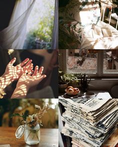 four different pictures with sun shining through the window and hands reaching for flowers in a vase