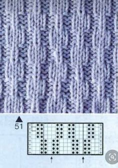 the knitting pattern is shown in blue and white, with two rows of stitches on each side