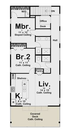 the floor plan for a small house with two bedroom and an attached kitchen area, along with