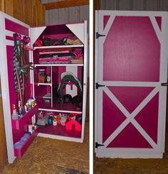 an open barn door with pink and white paint on the inside, and in the outside