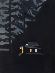 a painting of a house in the woods at night with light coming from its windows