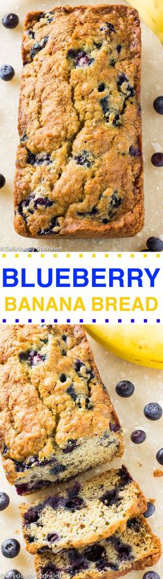 blueberry banana bread is cut into slices and stacked on top of each other with the words, blueberry banana bread