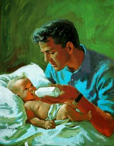 a painting of a man feeding a baby with a bottle in his hand and the caption reads,