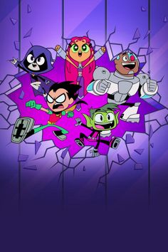 cartoon characters in front of a purple background