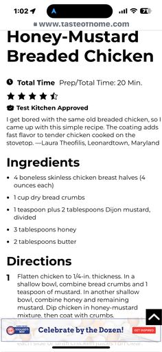 the instructions for how to make honey - mustard breaded chicken