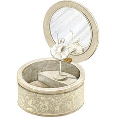 an artistic drawing of a ballerina in a round box with its reflection on the mirror