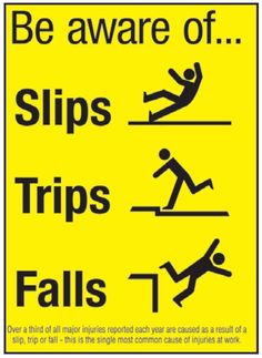 a yellow sign that says be aware of slips trips falls