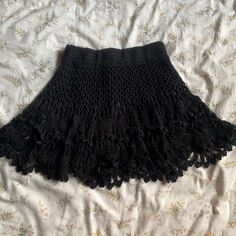 Brand Sans Souci Tag Says Medium But Fits Size Extra Small Best, Waist Measurements Pictured Above. Elastic Waist Band For An Exact Fit And Is A Really Cute Skirt To Add To Ones Collection. In Great Condition Never Worn Black Knit Bottoms For Spring, Casual Fitted Skirt With Crochet Trim, Black Crochet Mini Skirt, Black Cotton Mini Skirt With Frayed Hem, Casual Fitted Crochet Skirt, Black Fitted Bohemian Mini Skirt, Black Cotton Mini Skirt With Ruffles, Black Crochet Skirt, Black Cotton Mid-rise Mini Skirt