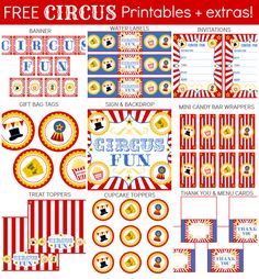 circus party printables for kids and adults, including cupcake toppers, candy bar wrappers, free circus printables