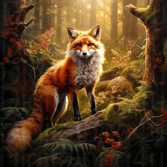 a painting of a fox in the woods