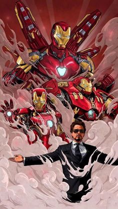 a man in a suit and tie standing next to an image of iron man with his arms out