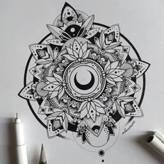 a black and white drawing of a sunflower with the moon in it's center