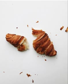 two pieces of food that are on a white surface