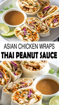 15min · 6 servings     Ingredients:  • 6 large tortillas  • 2 cooked chicken-breasts chopped or sliced  • 1 cup shredded carrots  • ¼ cup chopped fresh-cilantro  • ⅓ cup roasted peanuts  • 3 cups coleslaw mix  https://simplykitch.com/asian-peanut-chicken-wrap/ Asian Chicken Wraps, Thai Peanut Sauce, Thai Peanut, Peanut Chicken, Asian Chicken, Think Food, Chicken Wraps, Peanut Sauce, Asian Cooking