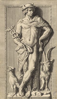 a drawing of a man standing next to two animals and holding a chain in his hand