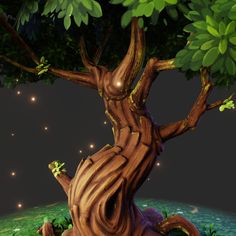 an animated tree with lots of green leaves on it's trunk and branches growing out of the ground