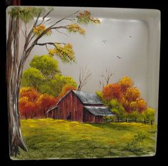 a painting of a red barn and trees