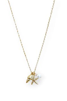 By The Shore Gold Shell Pearl Necklace-Luxe Group-L. Mae Boutique Dainty Starfish Necklace For Beach, Gold Shell Necklace With Starfish Charm For Summer, Ocean-inspired Starfish Charm Necklace For Vacation, Gold Shell Necklace With Starfish Charm For Vacation, Vacation Ocean-inspired Starfish Charm Necklace, Gold Star Charm Necklace For Beach, Gold Charm Necklace With Star For Beach, Gold Charm Necklace With Star Charm For Beach, Beach Star Charm Necklace Ocean-inspired