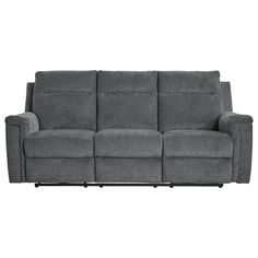 the reclining sofa is shown in grey fabric