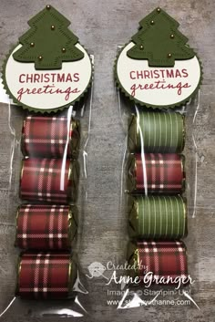 christmas greetings ribbon, set of 6 - green and red plaid with gold trim