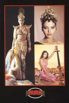 an advertisement for the brand aura, featuring two models in gold and pink outfits with elaborate headpieces