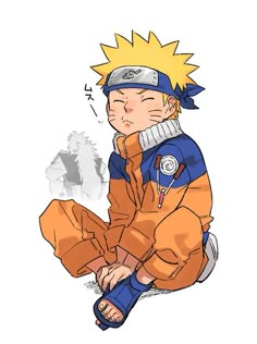 naruto sitting on the ground wearing an orange and blue outfit with his hands in his pockets